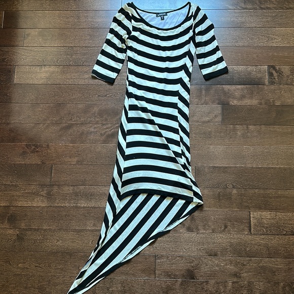 Bebe Striped Asymmetric High Low Bodycon Dress in Black and White Stripe - Picture 9 of 9